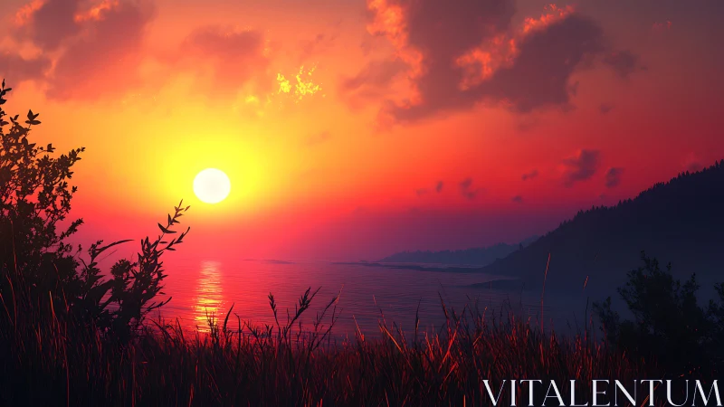 Radiant coastal sunset over silhouetted grasses and hills.