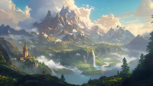 Sunlit fantasy valley with waterfalls and peaceful castle.