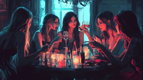 Neon wine circle glows with candlelit midnight secrets.