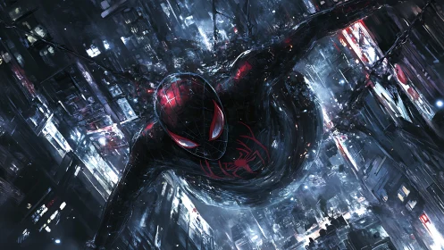 Black suited spider hero swings through dense neon cityscape.