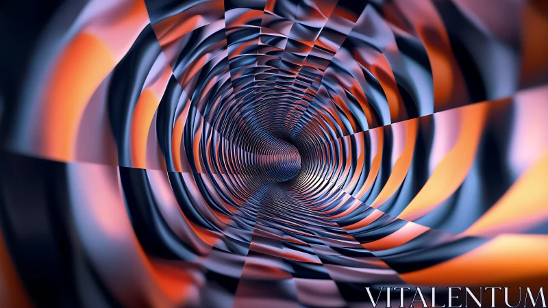 Cylindrical tunnel of twisted orange and blue ribbons.