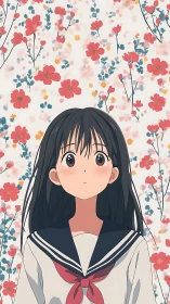 Anime schoolgirl portrait with floral patterned background.