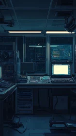 Nocturnal network operations room with legacy consoles and racks