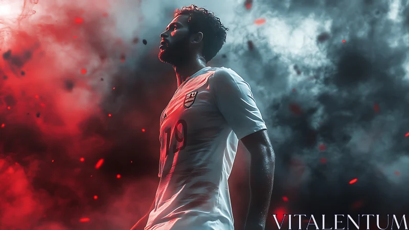 Male soccer player stands in dramatic red and gray smoke