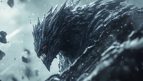 Stone-scaled dragon emerges amid storm of shattered rock.