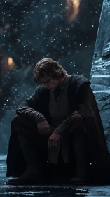 Brooding warrior rests alone beneath falling winter embers