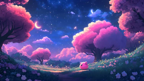 Celestial nightscape uniting pink blossom trees and pastel mascot