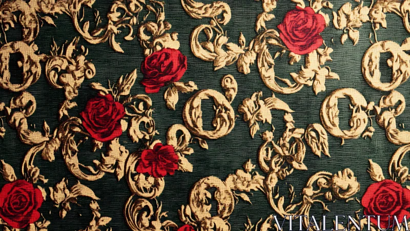 Baroque floral tapestry pattern with red rose ornamentation.