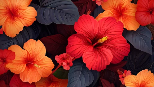 Vibrant Hibiscus Flowers with Dark Foliage Display