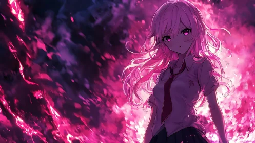 Anime schoolgirl with glowing pink hair in fiery light.