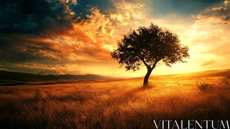 Solitary tree dominates glowing golden sunset field