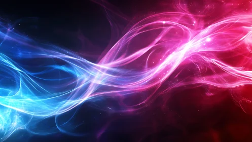 Vibrant blue and magenta light waves on dark background.