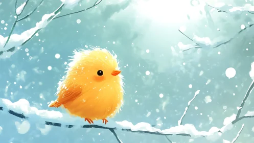 Golden Chick on Snowy Branch: Winter Digital Illustration.