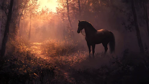 Gentle horse waiting in a golden, dreamlit forest path.