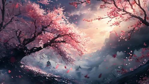 Sakura hillside valley with distant pagoda under luminous dawn sky