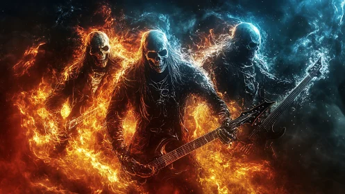 Fiery skull rock band shredding through glowing stormy flames.