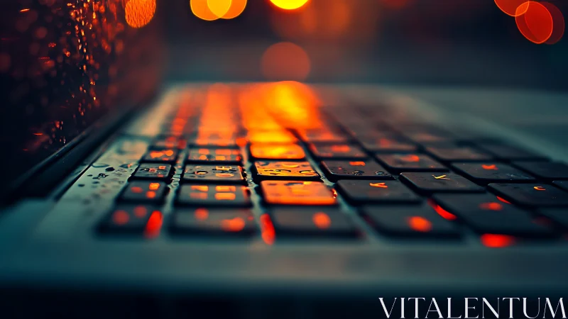 Rain kissed keyboard glows in warm cyberpunk twilight