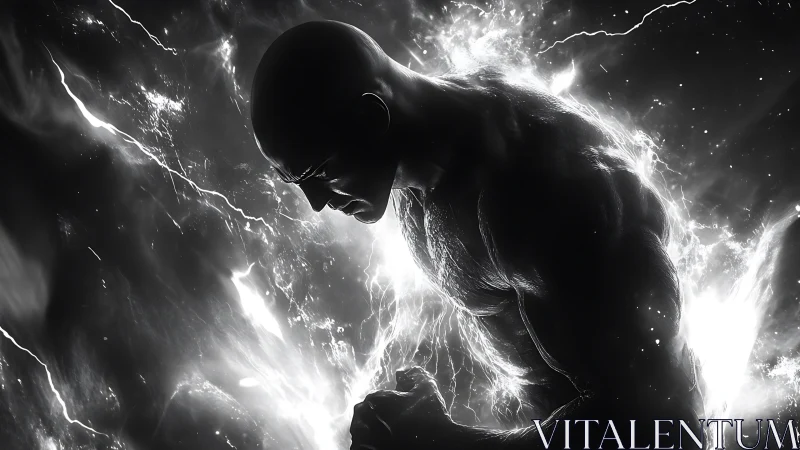 Monochrome energy-charged muscular figure in profile tension