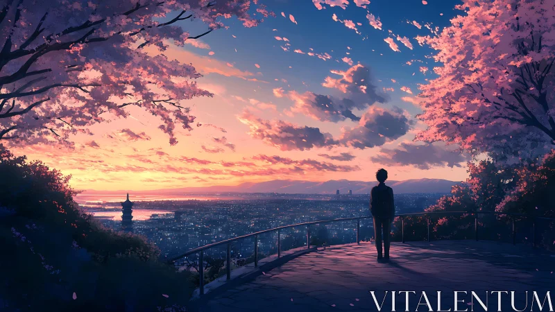 Twilight city dreams beneath drifting cherry blossom skies.