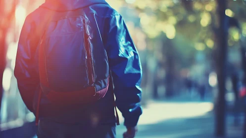 Person with backpack walking along sunlit city street.