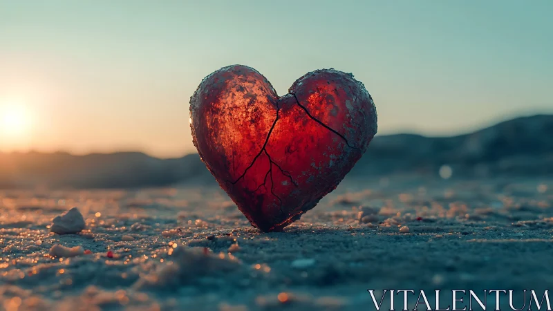 Cracked red heart stone sits on sandy beach at sunset