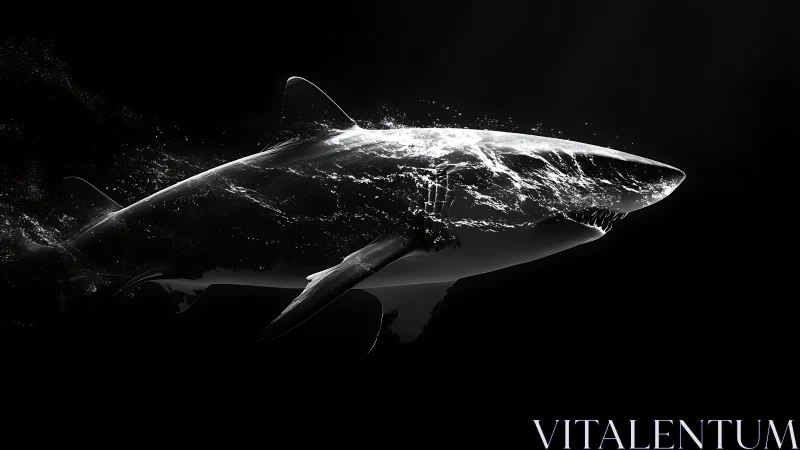 Hydrodynamic great white shark rendered in high-contrast chiaroscuro.