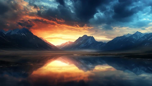 Sunset blaze over mirrored alpine lake and jagged peaks.