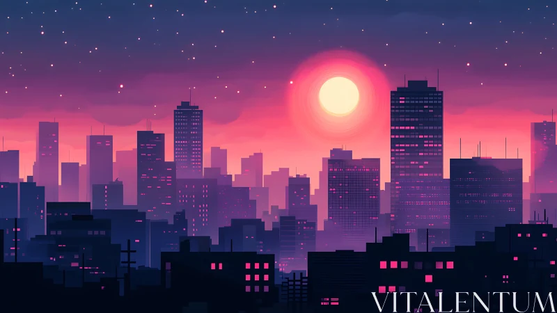 Urban high-rise skyline under stylized sunset and stars.