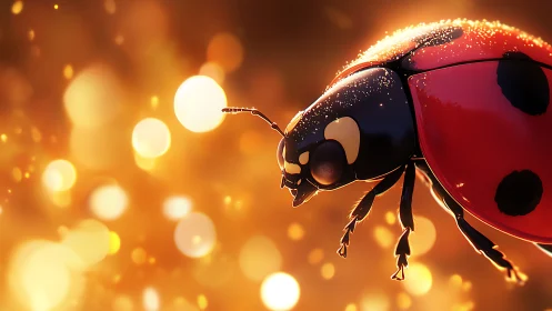 Macro render of a luminous ladybug against golden bokeh field