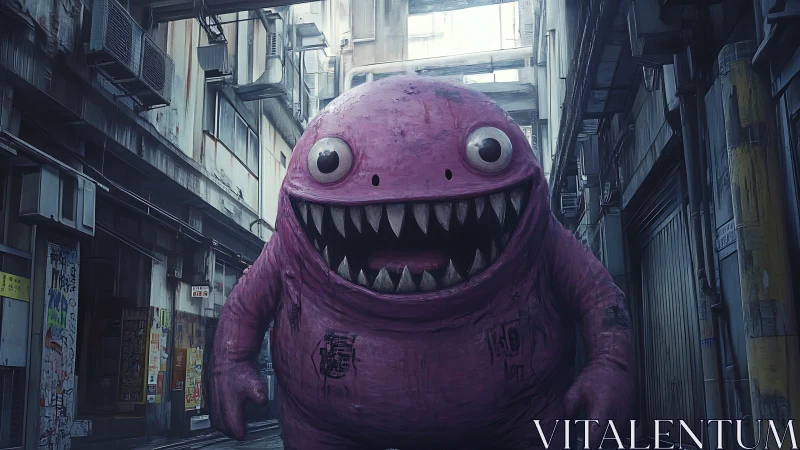 Pink creature occupies narrow urban alley with direct gaze