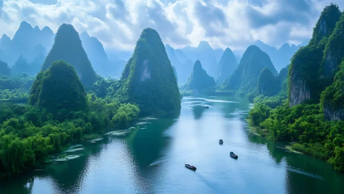 Emerald karst towers guarding a mist-blue river passage.