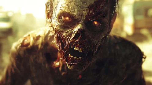 Cinematic close-up of decaying zombie head with glowing eyes