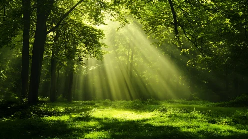 Sunbeams Streaming Through Lush Green Forest in Morning Light.