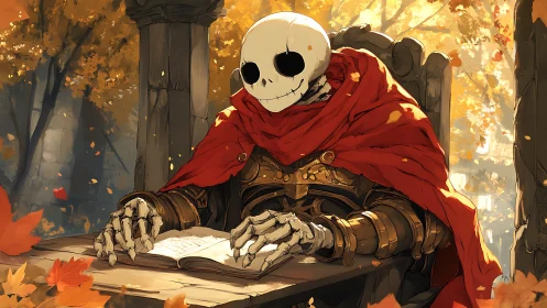 Skeleton knight studies an open book amid autumn foliage