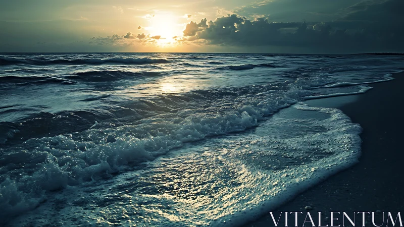 Soft dusk surf where daylight lingers over quiet waves.