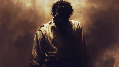 Shadowed figure in stained white shirt stands in swirling gloom