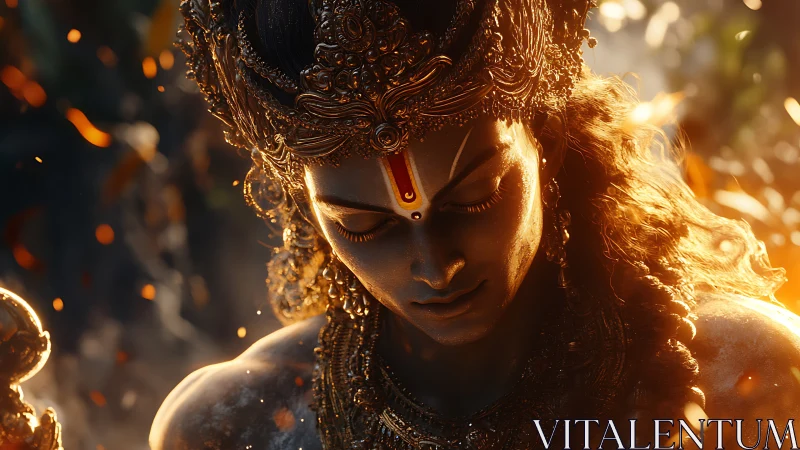 Divine blue figure in golden light and embers, contemplative gaze.