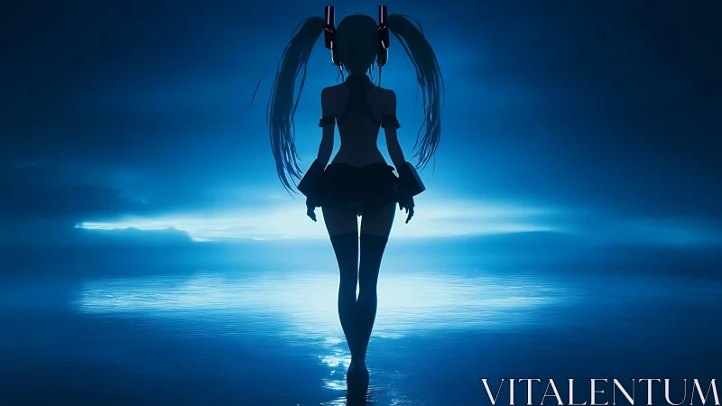 Silhouetted twin‑tailed girl overlooking luminous blue sea.