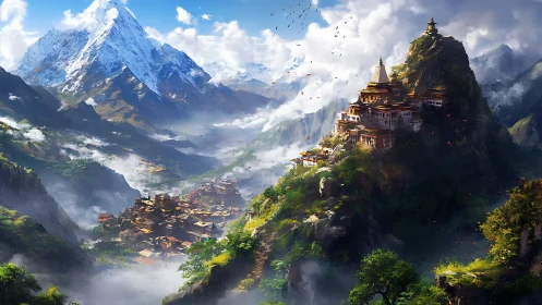 High-altitude valley citadel complex amid stratified cloud layers.