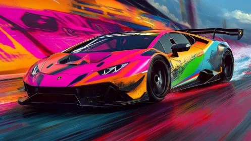 Neon race car illustration with vivid streaked background.