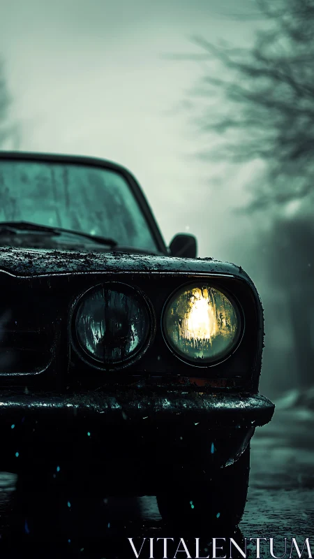 Vintage car headlight glowing through rainy street fog.