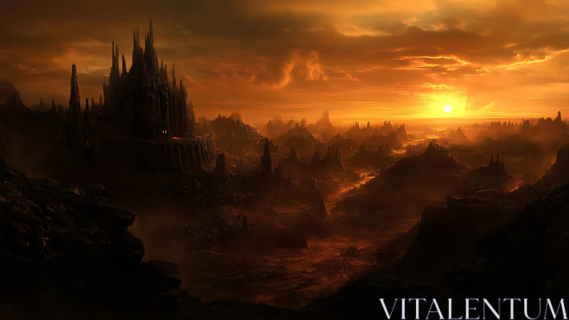 Hellish spired citadel under a burning apocalyptic sunset.