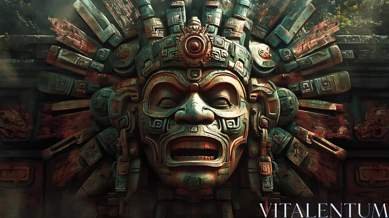 Stone Aztec-style temple mask sculpture dominates jungle wall