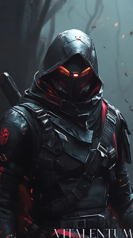 Armored sci fi assassin stands in misty forest environment