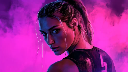 Neon-lit female portrait against vivid magenta smoke field.