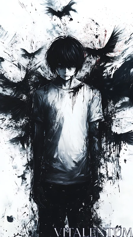 Solitary boy stands in inky chaos as dark crows rise