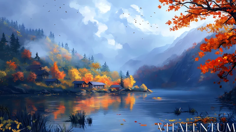 Mountain lake village reflects bright autumn forest in water
