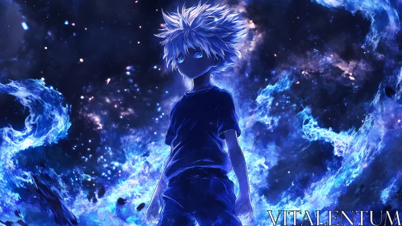 Blue-haired anime boy stands within swirling cosmic energy