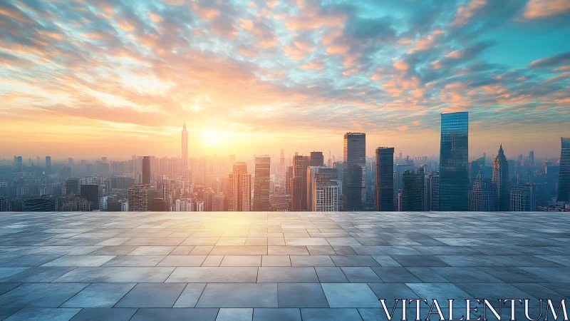 Skyline terrace greets a molten sunrise over glass towers.