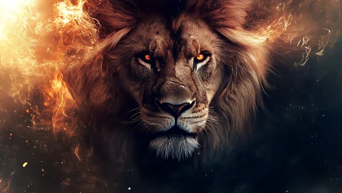 Fiery lion portrait with intense glowing orange eyes.
